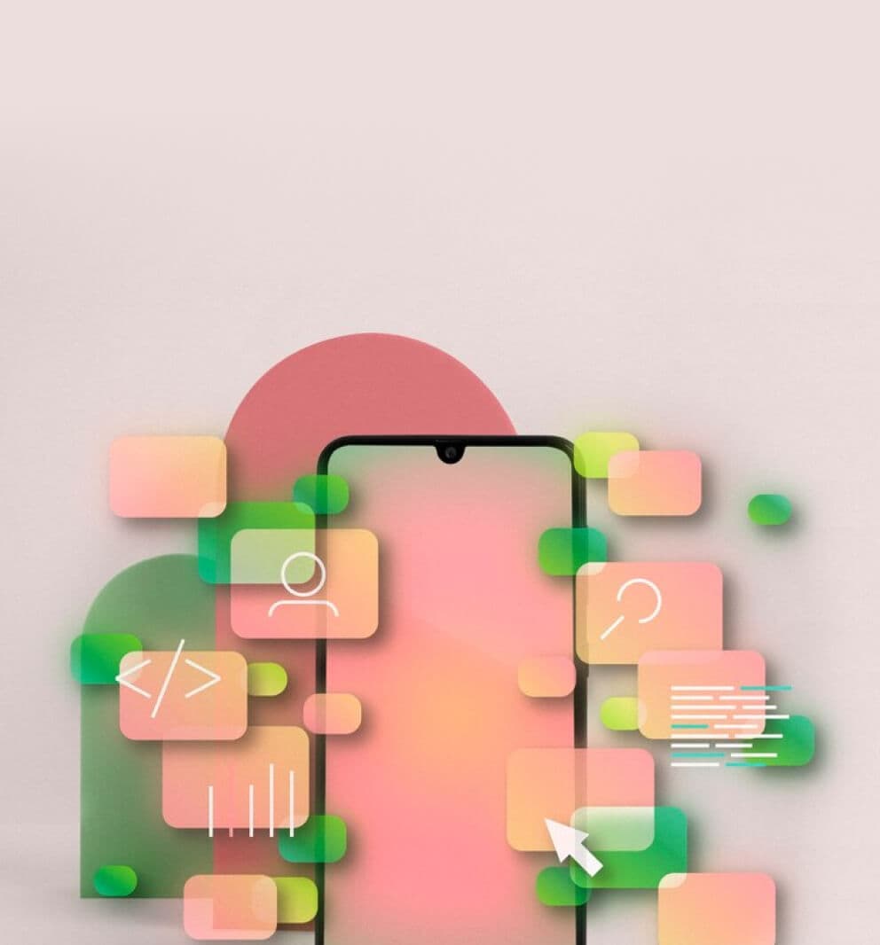 Smartphone, umgeben von schwebenden App-Symbolen