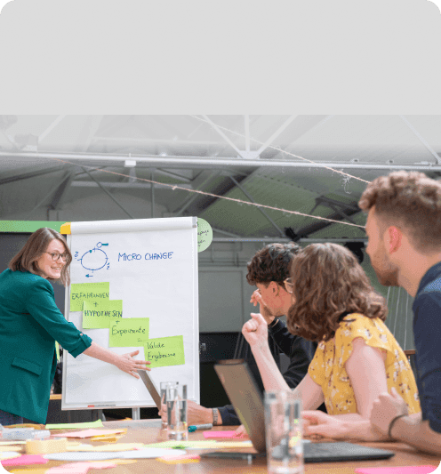 Woman in a green blazer at a “Micro Change” flipchart explaining how hypotheses and experiments lead to valid results