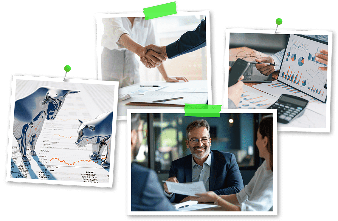 Change Consulting für Banken: Fotocollage mit vier Motiven – Handschlag, Roboterhand auf Finanzdaten, Laptop-Analyse und lächelnder Manager im Beratungsgespräch.