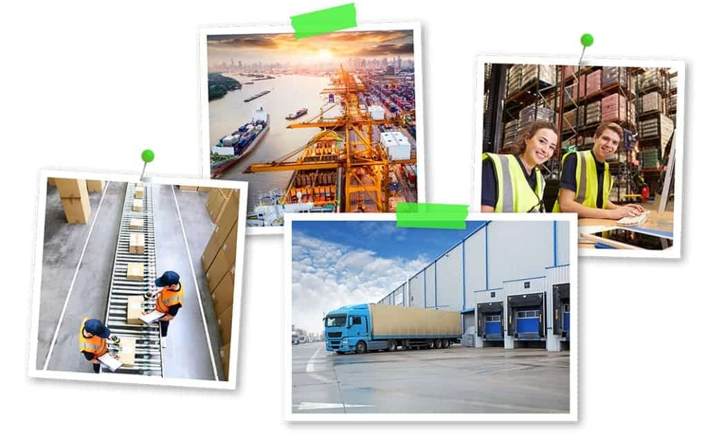 Change management in logistics: photo collage with motifs from transport, warehousing and digital connectivity.