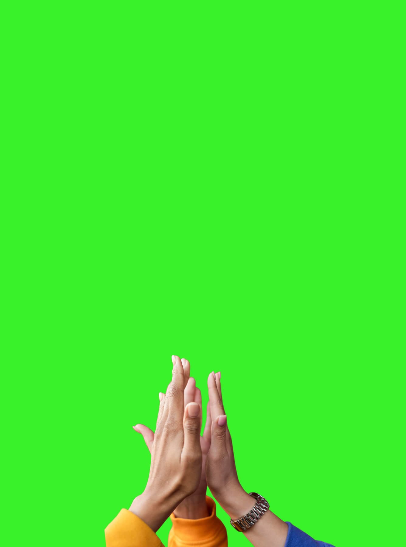 Mehrere Hände treffen sich zu einem High Five vor grünem Hintergrund