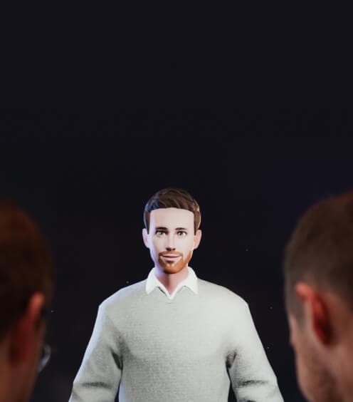 Two people facing a digital avatar