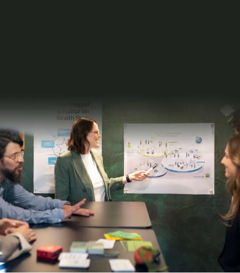 Consultant presenting a chart on the wall while the team listens at the table