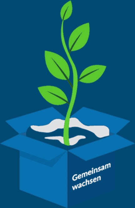 Green plant growing out of an open box labeled "Growing together"