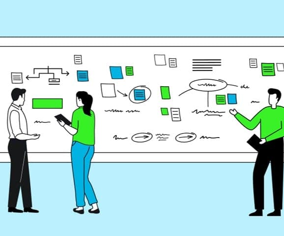 Illustration of three people working together at a whiteboard