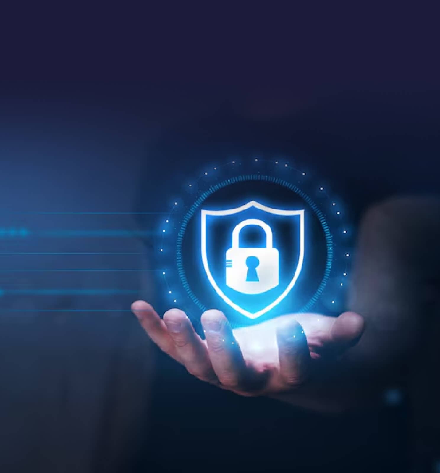 Hand holding a glowing padlock icon