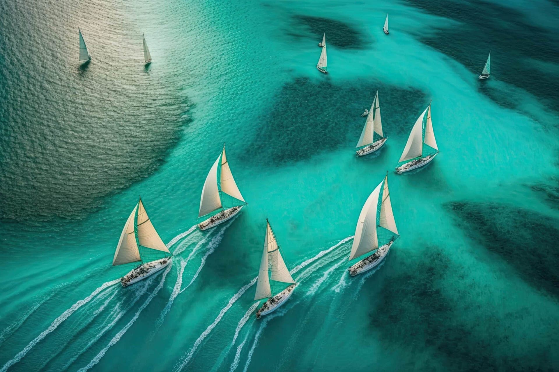 Segelboote auf türkisem Meer aus der Vogelperspektive