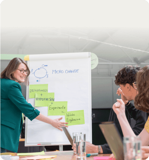 Moderatorin erklärt am Flipchart „Micro Change“: Erfahrungen + Hypothesen + Experimente