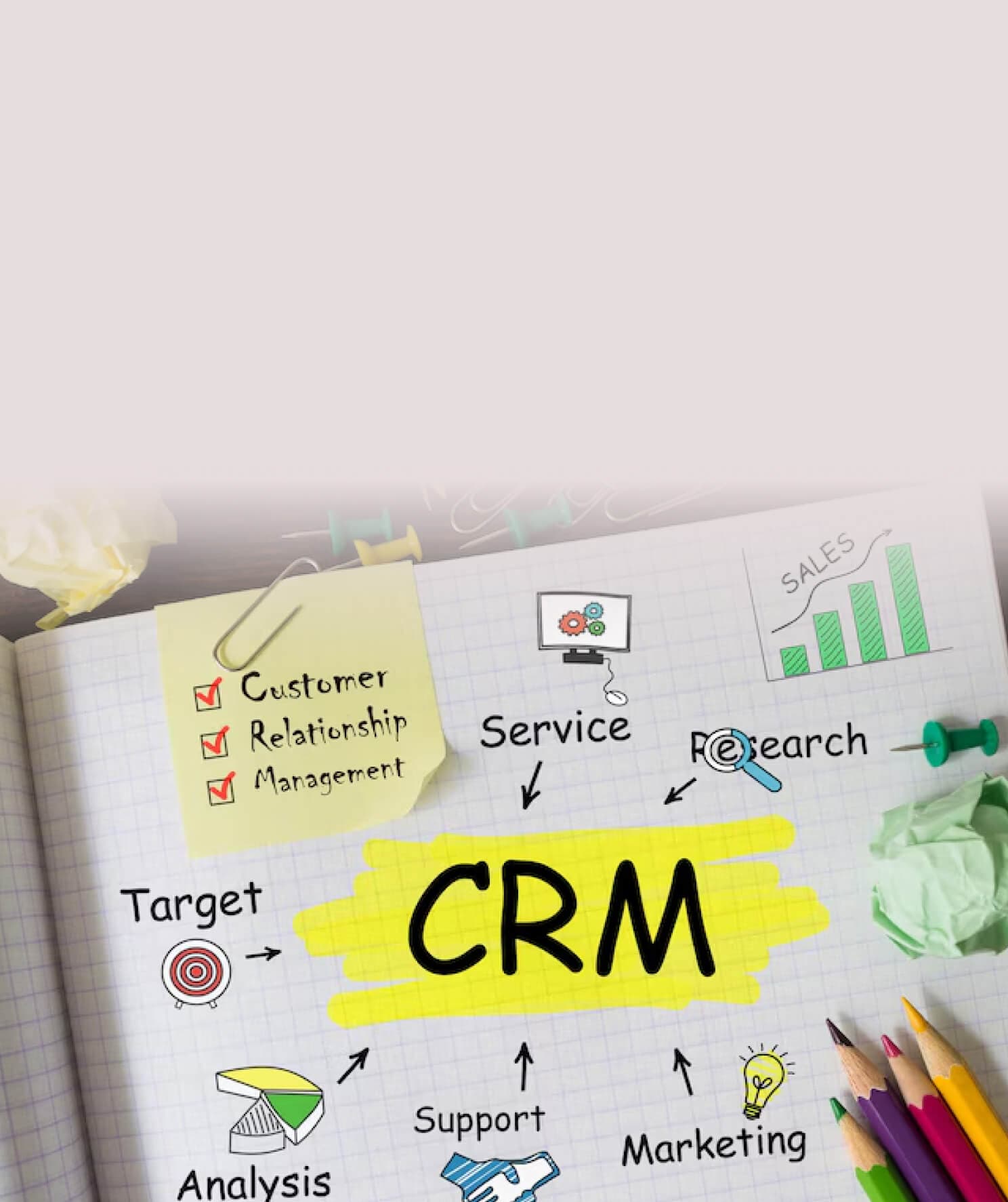 Notebook page with a CRM sketch covering service, marketing and support