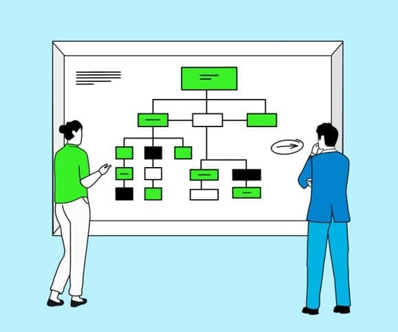 Illustration of two people in front of a whiteboard with an org chart