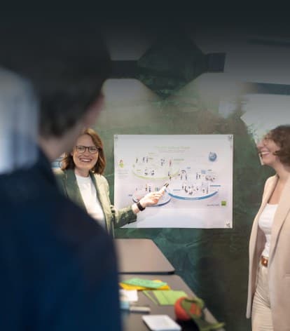 Beraterin zeigt im Workshop lachend auf ein Poster zum CPC Culture Check