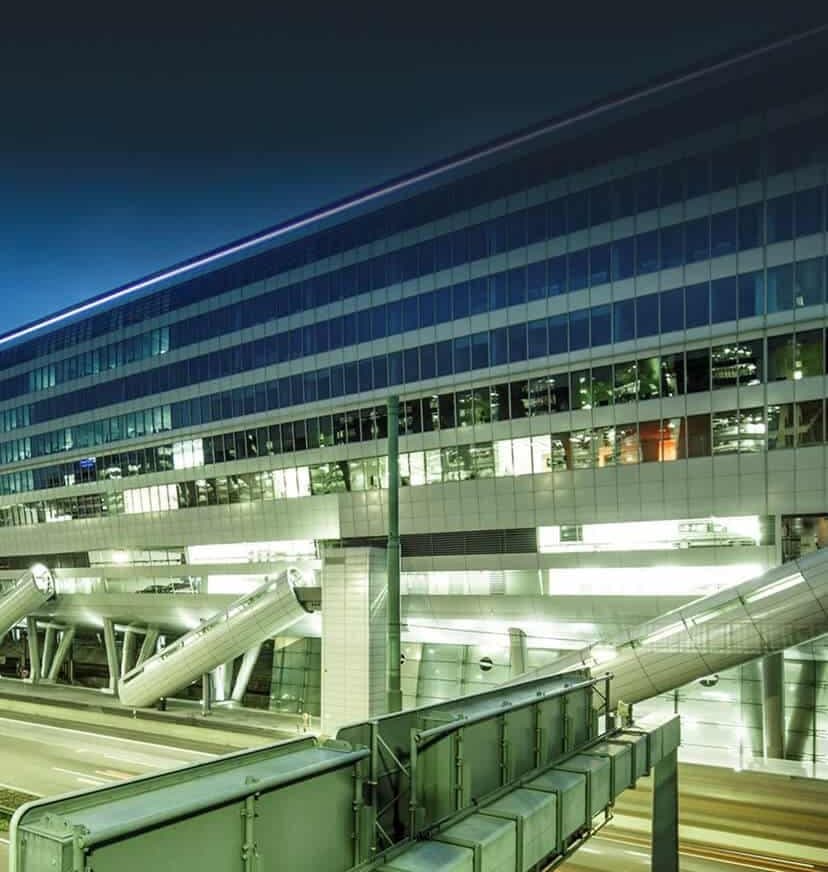 The Squaire office building at Frankfurt Airport at night, headquarters of CPC AG